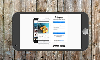 Instagram App Mockup on Smartphone Screen with Wooden Background