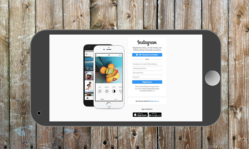 Instagram App Mockup on Smartphone Screen with Wooden Background