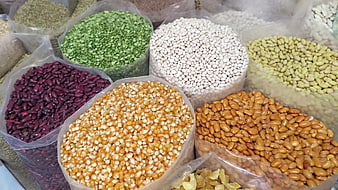 Assorted dried beans, lentils, and corn in market bags