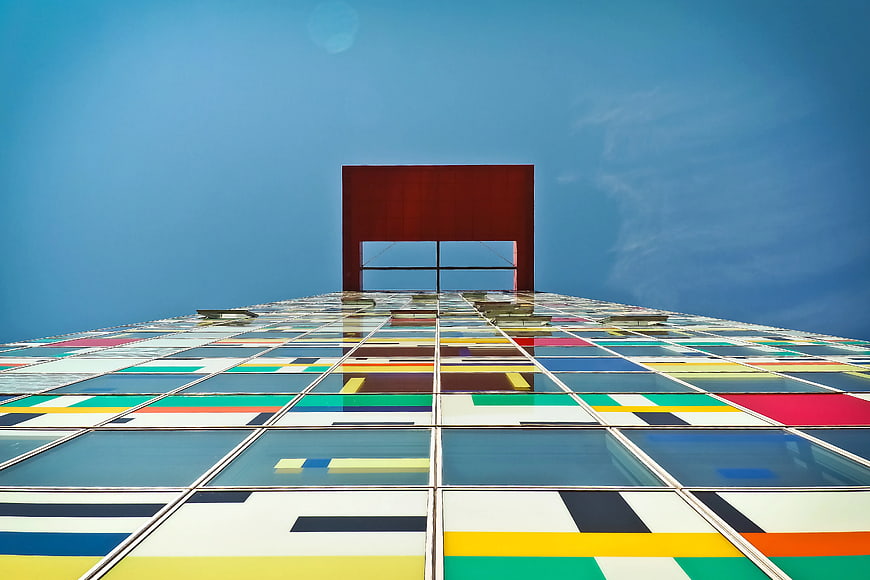 Low angle view of colorful modern building facade