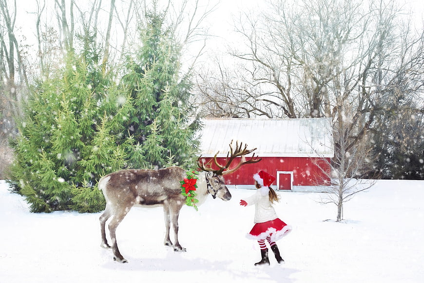 Little Girl in Santa Costume Interacting with Reindeer in Snowy Winter Landscape