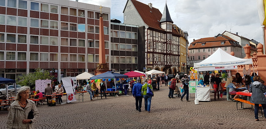 Outdoor Charity Fair in European Town Square