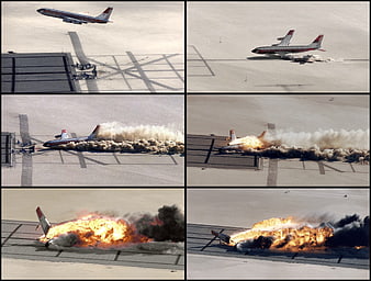 Sequence of airplane crash landing and explosion on runway