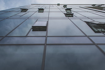 Low angle view of modern glass office building facade