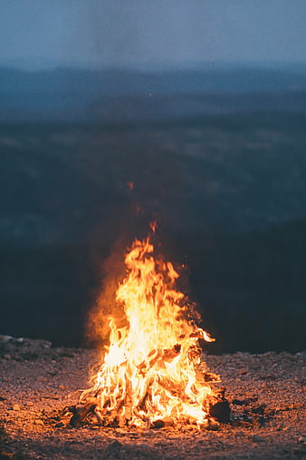 Bonfire Burning on Rocky Ground at Dusk