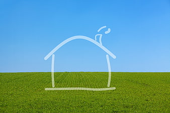 White house outline sketch on green field and blue sky background