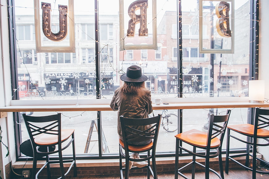 Woman in Hat Sitting at Coffee Shop Window