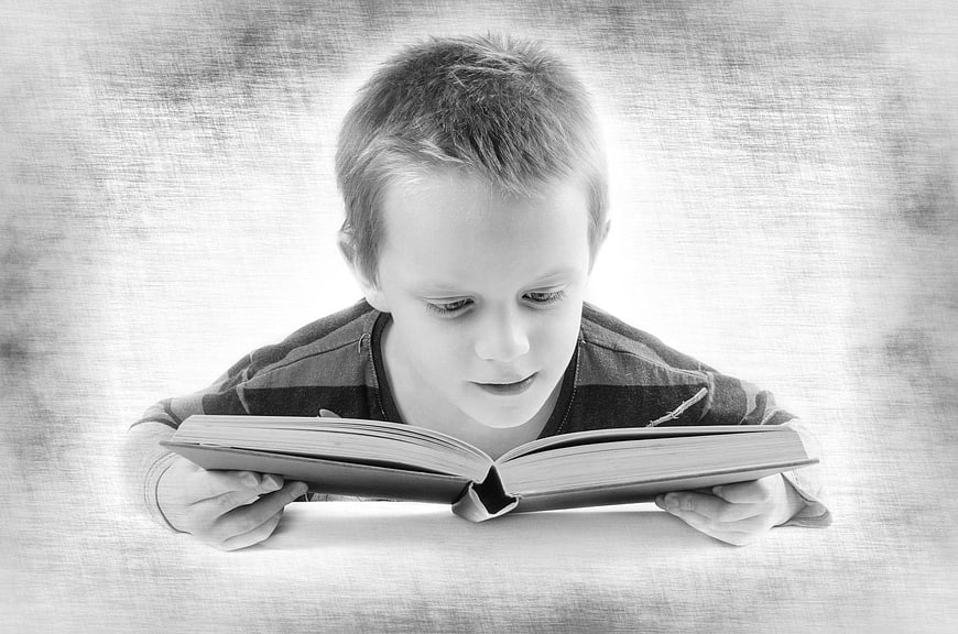 Young Boy Reading Book in Black and White