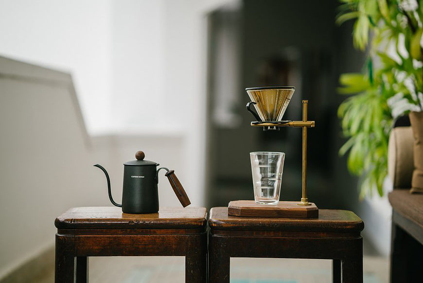 Pour Over Coffee Setup on Wooden Stools