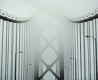 Golden Gate Bridge in thick fog with vertical cables