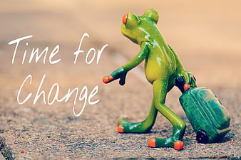 Green frog figurine with suitcase symbolizing change and travel
