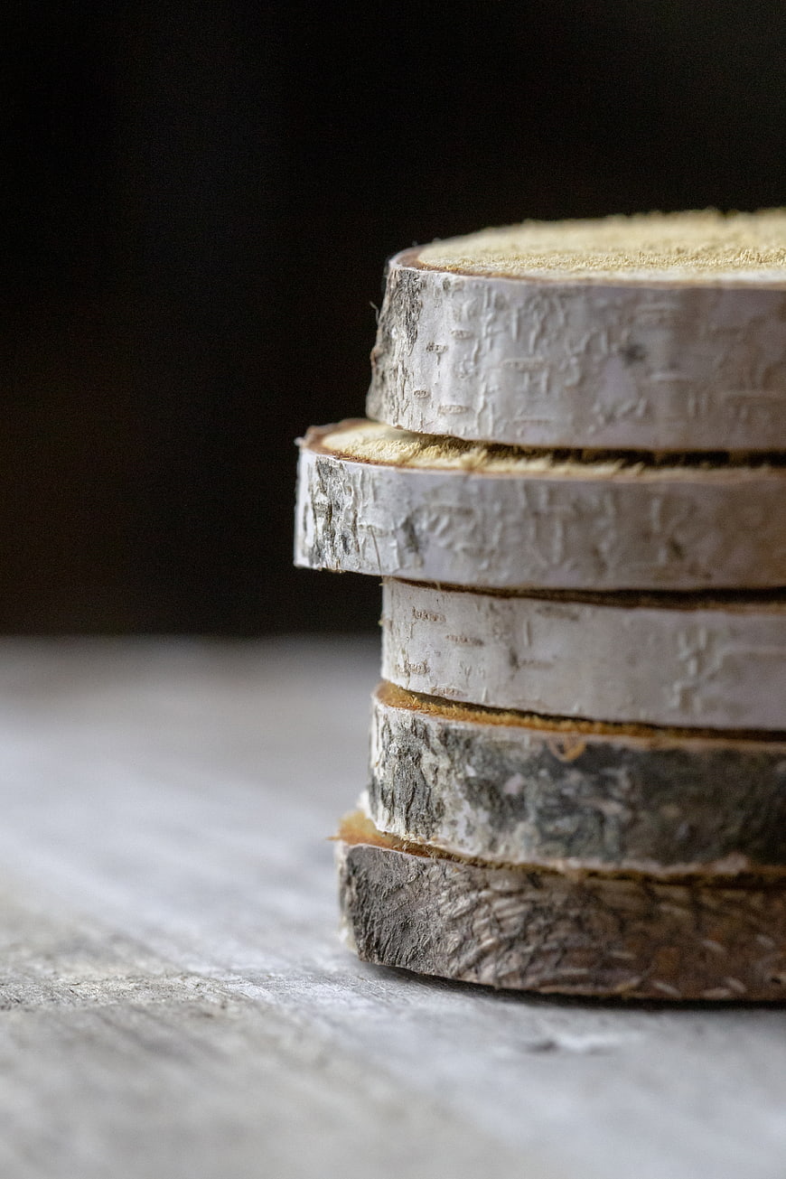 Stacked Birch Wood Slices on Rustic Surface
