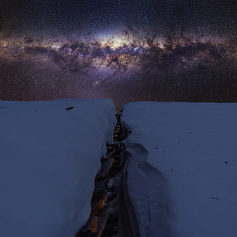 Milky Way Galaxy Over Snowy Winter Landscape at Night