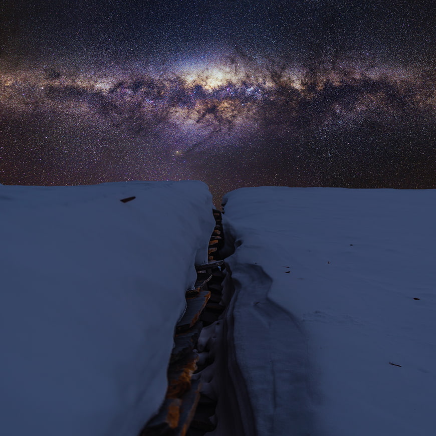 Milky Way Galaxy Over Snowy Winter Landscape at Night