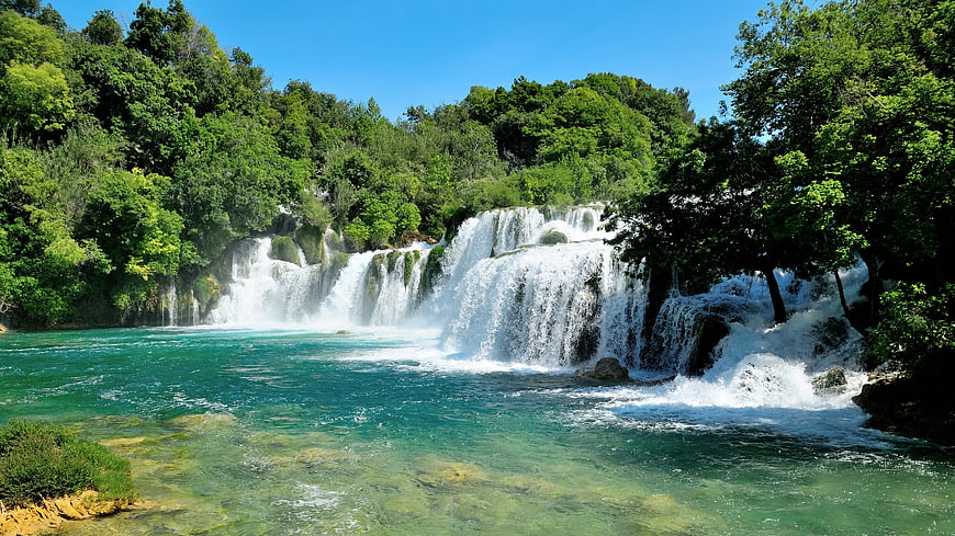 Turquoise Waterfall in Lush Green Forest Landscape