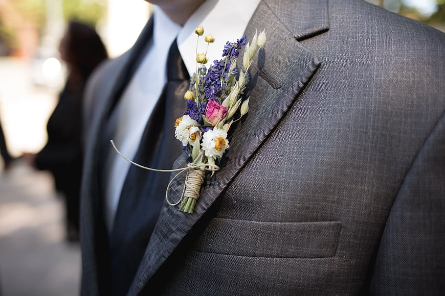 Gray Suit Jacket with Rustic Dried Flower Boutonniere