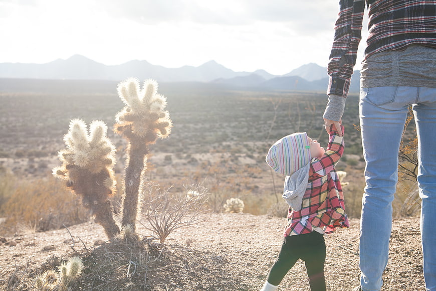Toddler holding adult hand walking in desert landscape
