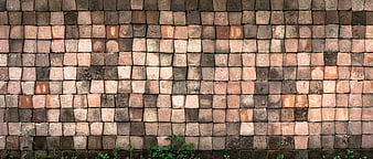 Textured stone block wall background with green plants