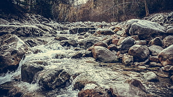 Flowing Mountain Stream Over Rocky Terrain in Winter Forest