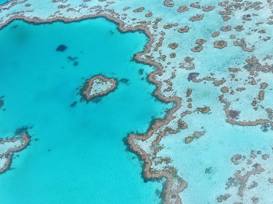 Aerial view of heart-shaped coral reef in turquoise ocean