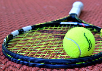 Tennis racket and ball on red clay court surface