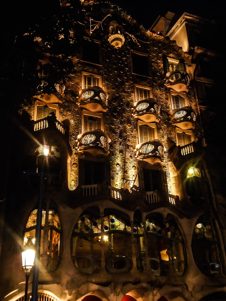 Casa Batlló Facade Illuminated at Night in Barcelona