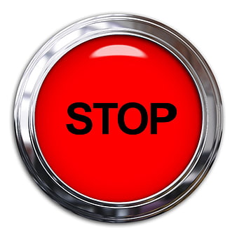 Red Stop Button with Chrome Rim on White Background