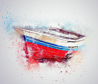 Watercolor painting of a red and blue fishing boat