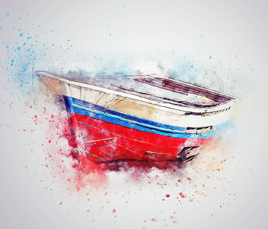Watercolor painting of a red and blue fishing boat