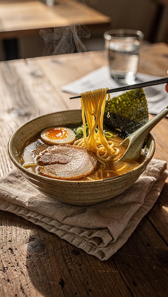 Steaming Bowl of Japanese Ramen with Chashu and Egg