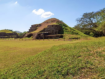 Ancient Maya Pyramid Ruins in Lush Green Landscape