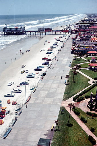 Vintage aerial view of Huntington Beach pier and boardwalk