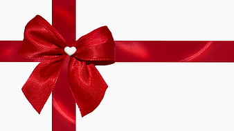 Red Satin Ribbon Bow With Heart On White Gift Box