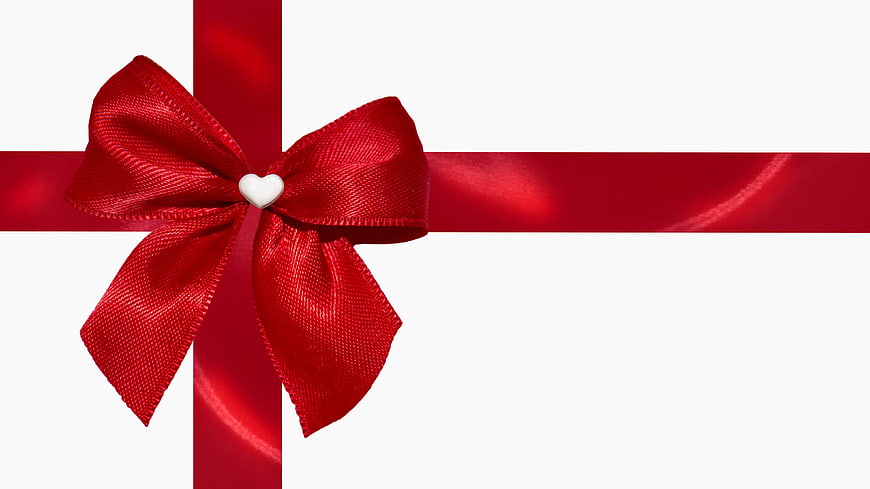 Red Satin Ribbon Bow With Heart On White Gift Box