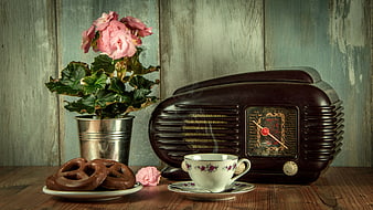 Vintage Radio, Coffee Cup, and Pretzels Still Life