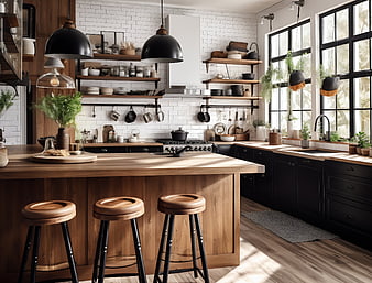 Modern Industrial Kitchen with Wooden Island and Black Cabinets