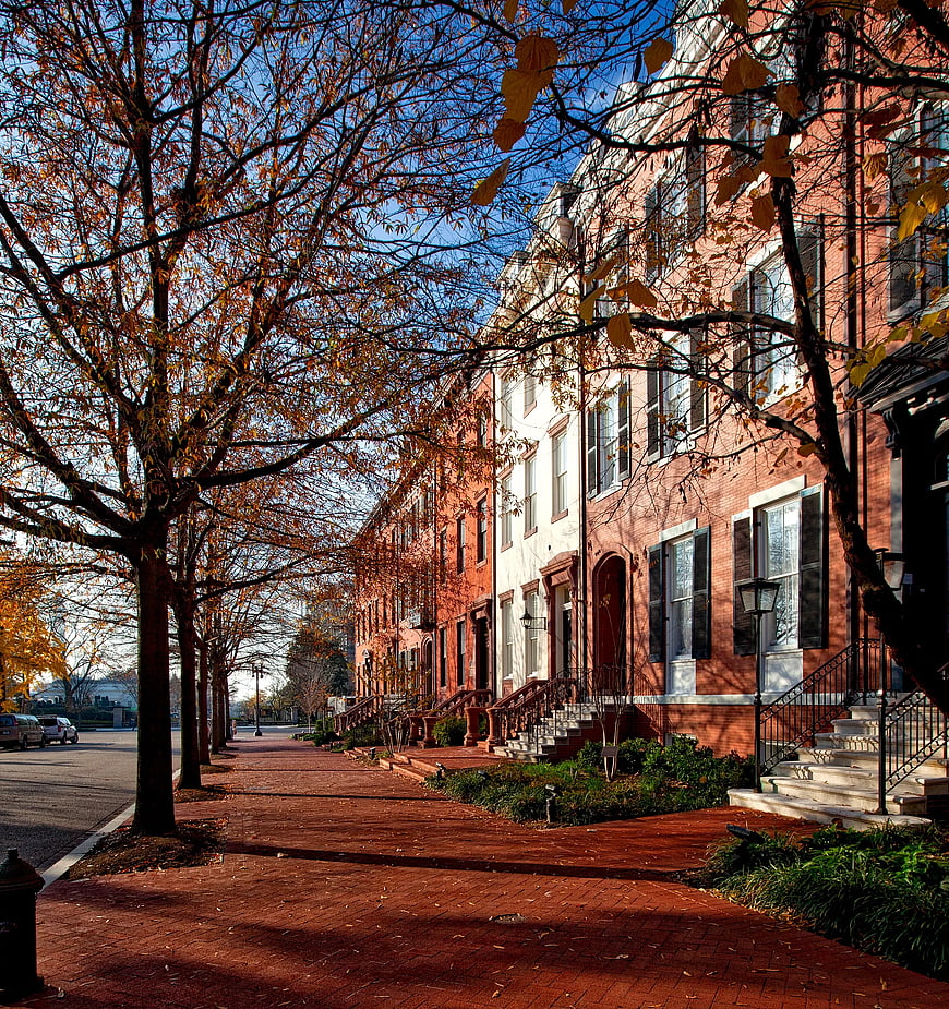 Autumn Row Houses with Brick Sidewalk and Trees