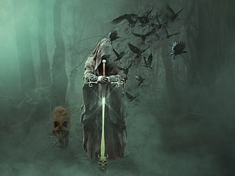 Mysterious hooded figure with glowing sword in foggy forest