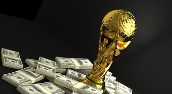 Golden World Cup Trophy Surrounded By Stacks Of Cash