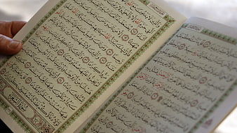 Close-up of Hand Holding Open Quran with Arabic Calligraphy