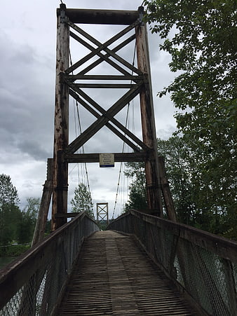 Old Wooden Suspension Bridge in Forest