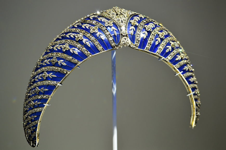 Vintage Blue Enamel and Diamond Tiara on Display Stand