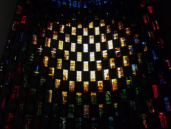 Illuminated Stained Glass Windows of Coventry Cathedral at Night