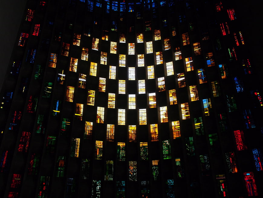 Illuminated Stained Glass Windows of Coventry Cathedral at Night