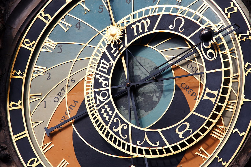 Close-up of Prague Astronomical Clock Face with Zodiac Symbols