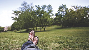 Relaxed man's feet in brown shoes on grassy park