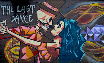 Colorful street art mural of skeleton and woman dancing