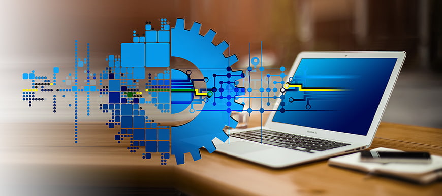 Laptop with Digital Gear and Circuit Overlay for Technology Concept