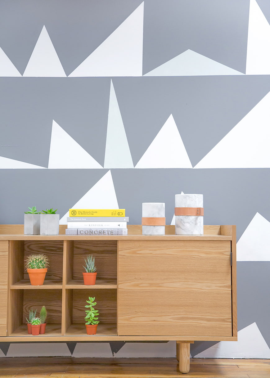 Modern wooden sideboard with succulents against geometric wall