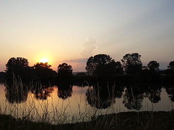 Serene Sunset Over Lake with Tree Silhouettes and Reflections